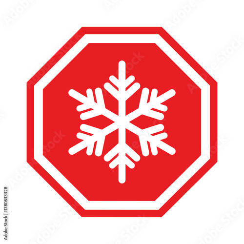 Bold vector illustration: White snowflake icon centered in a red octagon with a white border. A clean, flat design symbol for freezing temperature warning, frost, cold weather, or winter stop signage.