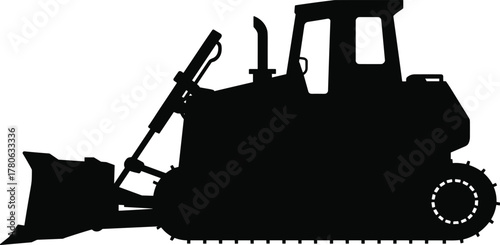Bulldozer silhouette, construction vehicle, heavy machinery, industrial equipment, earth mover, excavation tool, land clearing, profile view, black icon, isolated graphic