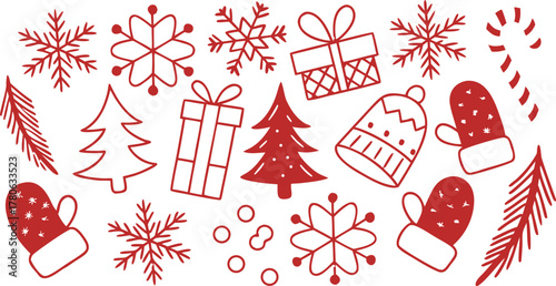 Winter Hand-Drawn Seasonal Elements Set,Christmas linear sketch. 