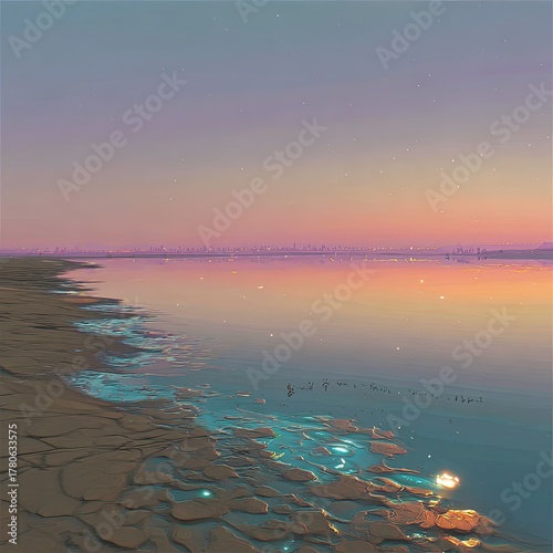 Pastel Sunset Over City River Beach