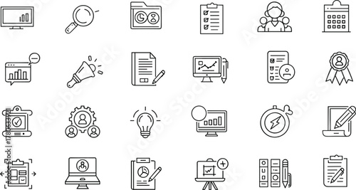 Business icons set, office productivity symbols, teamwork collaboration graphics, data analysis charts, customer service headset, calendar planning, presentation board, vector illustration