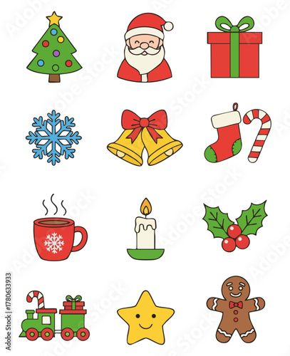 Colorful Christmas Holiday Icon Set