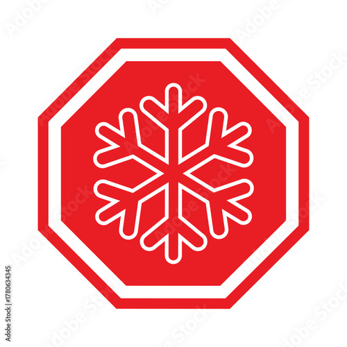 Bold vector illustration: White snowflake icon centered in a red octagon with a white border. A clean, flat design symbol for freezing temperature warning, frost, cold weather, or winter stop signage.
