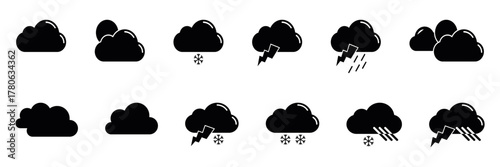 Rain cloud icon vector set featuring thunder, drizzle, and storm weather symbols, black pictogram collection for climate app design, forecast illustration, and minimal atmospheric interface concept