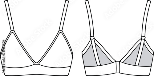 bralette design front and back view, lingerie fashion sketch, minimal outline, vector illustration