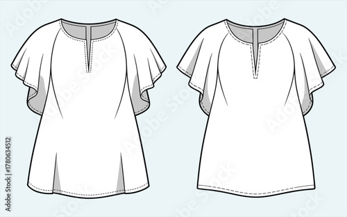 flutter sleeve blouse front and back view, women top design, fashion flat illustration