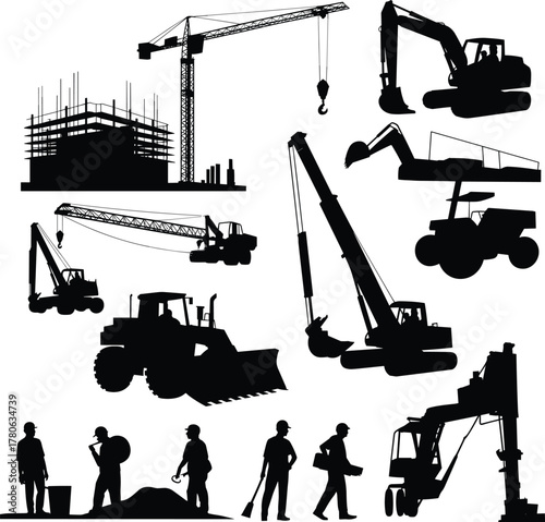 Construction site silhouette, cranes, excavators, workers, scaffolding, bulldozers, loaders, road roller, cherry picker, teamwork, industrial equipment, engineering, urban development