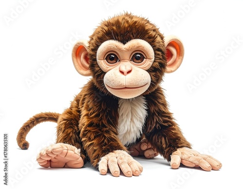 A cute, brown stuffed animal monkey with large eyes and a friendly smile, sitting on a white background. It has realistic features