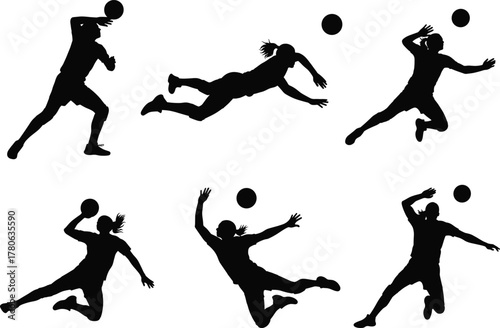 Ball sport silhouettes, throwing motion, jump action, athletic vector, black design, dynamic pose, game energy, dodgeball stance, handball movement