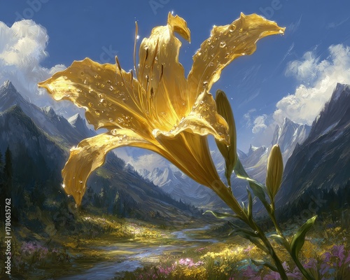Golden Lily In A Mountain Valley Landscape