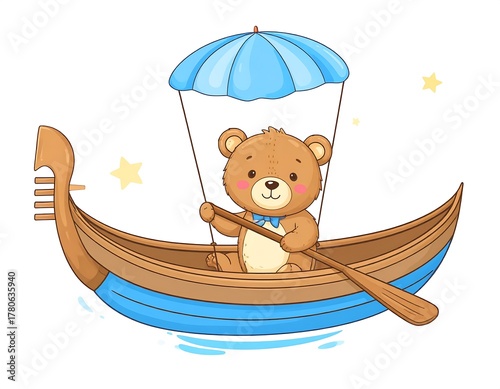 A cute, brown teddy bear wearing a bow tie and seated in a gondola, holding an oar, with a blue umbrella above