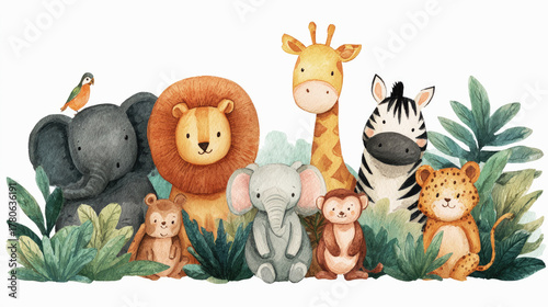 Cute watercolor jungle animals including lion, elephant, giraffe, zebra, monkey, surrounded by leaves, perfect for nursery prints, baby shower themes, and kids decor.