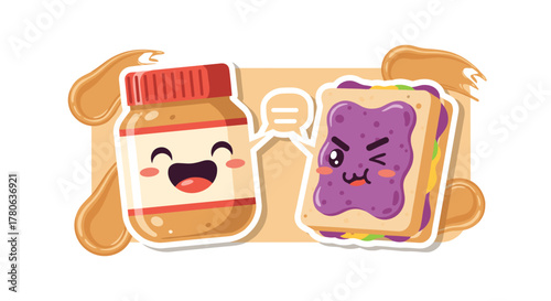 A charming cartoon illustration depicts a cheerful peanut butter jar interacting playfully with a winking peanut butter and jelly sandwich, set against a creamy backdrop.
