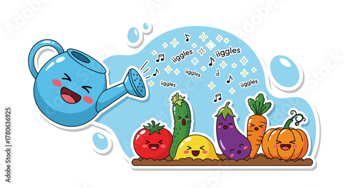 A cheerful blue watering can happily sprinkles water onto a row of adorable, smiling cartoon vegetables, signifying joyous growth and healthy gardening.
