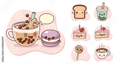 A delightful collection of adorable kawaii cartoon food and drink characters including playful bubble tea, a sweet macaron, yummy cake, and cheerful coffee, perfect for charming designs.