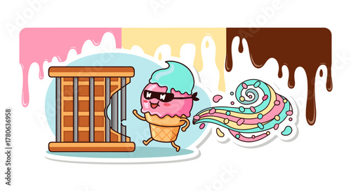 A mischievous ice cream cone character, wearing cool sunglasses and a mask, makes a daring escape from a broken prison cell, leaving a vibrant, colorful swirl behind.
