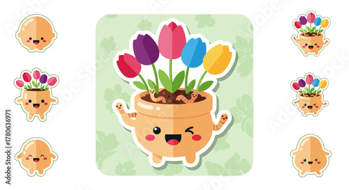 A charming kawaii cartoon illustration features a cheerful flowerpot character winking happily, filled with vibrant, colorful spring tulips, perfect for playful designs.