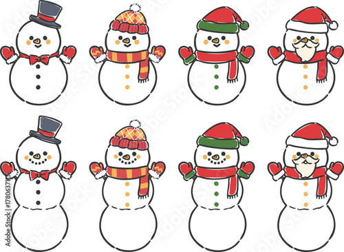 かわいい雪だるまセット　ベクター
