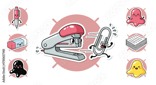 A delightful illustration of animated office supplies, showcasing a playful stapler humorously pursuing a running paperclip, alongside other charming stationery.