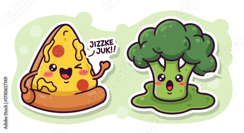 A vibrant cartoon illustration features a cheerful, waving pizza slice alongside a shocked, melting broccoli character, creating a playful food contrast.