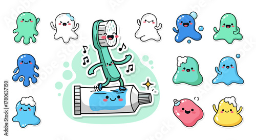 A charming green toothbrush dances playfully on a toothpaste tube, surrounded by an assortment of cute, colorful cartoon blob characters, embodying cheerful oral care routine.