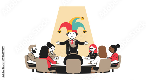 A charismatic individual in a jester hat, illuminated by a spotlight, captivates a diverse group of business professionals with an unconventional presentation.