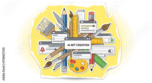 This conceptual artwork visually merges traditional art supplies with modern digital interfaces, symbolizing the innovative blend of human creativity and AI.