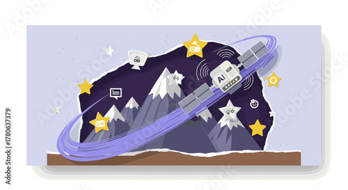 An illustration depicts an AI and HR satellite orbiting stylized mountains, symbolizing the innovative integration of technology and human resources.
