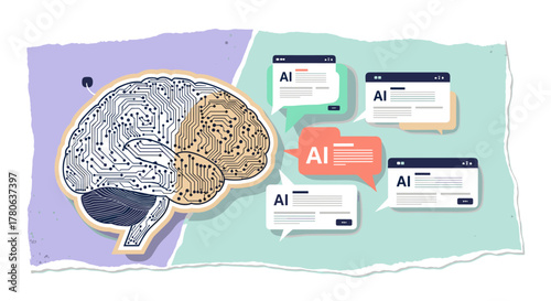 This conceptual illustration depicts the intricate connection between human intelligence and artificial intelligence, showcasing the digital brain interacting with AI applications and data.