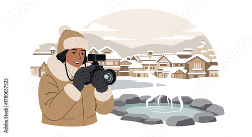 A content photographer, bundled in winter gear, captures the picturesque charm of a snow-covered village and a steaming outdoor hot spring.