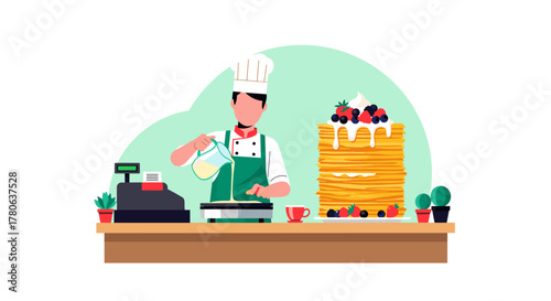 A skilled baker prepares a towering stack of delicious pancakes adorned with fresh berries and whipped cream on a clean wooden counter.