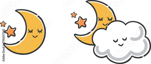 可愛い雲と月（顔付き）　ベクター
