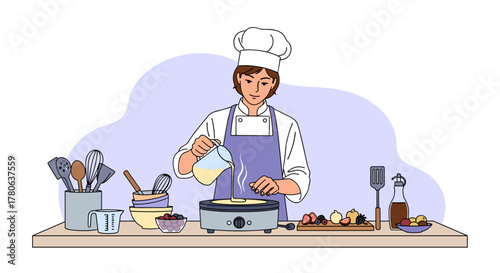 A skilled chef meticulously prepares delicious pancakes on a hot griddle, surrounded by fresh ingredients and essential cooking tools in a modern kitchen setting.