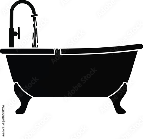 Illustration of Silhouette of a bathtub and water splash icon, black vector on white background