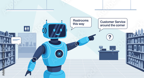 A friendly blue robot provides helpful directions to customers within a modern retail store, showcasing advanced artificial intelligence in customer service.