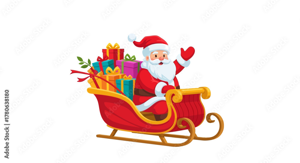 Naklejka premium Santa Claus in his sleigh filled with presents waving