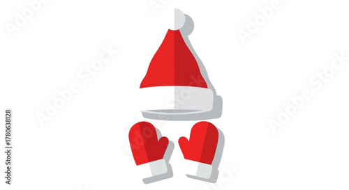 Red Santa hat above red mittens white trim on white background casting shadows