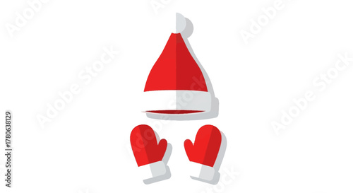 Red Santa hat and mittens with grey shadows on white background