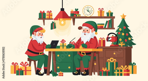 Santa and an elf work at a desk inside a workshop surrounded by gifts and a Christmas tree
