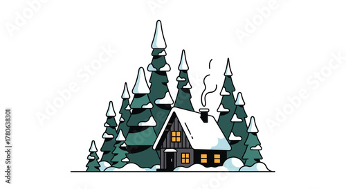 Snowy cabin amidst firs with smoke rising evoking a winter scene