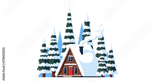 Snowy Aframe cabin nestled among snowcovered evergreen trees smoke rising from chimney