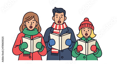 Three carolers sing holding books with wideopen mouths dressed in winter attire with hats scarves and coats