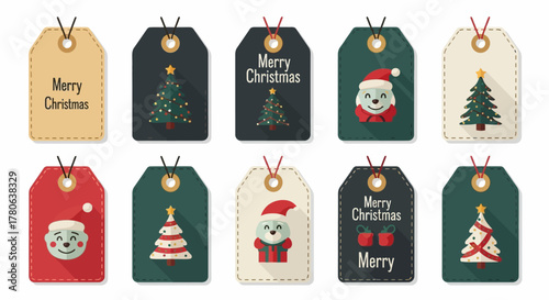 Ten Christmas tags in two rows showcase tree and face motifs