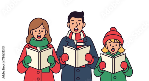 Three people in winter clothes sing from books with a cartoonish festive aesthetic on a white background