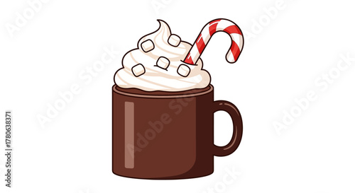 A brown mug filled with hot chocolate whipped cream mini marshmallows and a candy cane