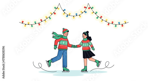 A couple ice skates beneath a string of colorful Christmas lights