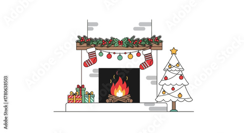 A festive holiday illustration shows a fireplace presents  a Christmas tree