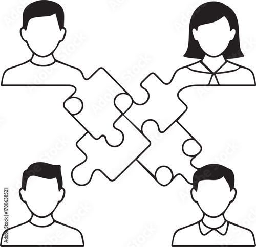 Four diverse individuals connecting puzzle pieces symbolizing teamwork collaboration and shared goals in a business or community setting creating unity and synergy