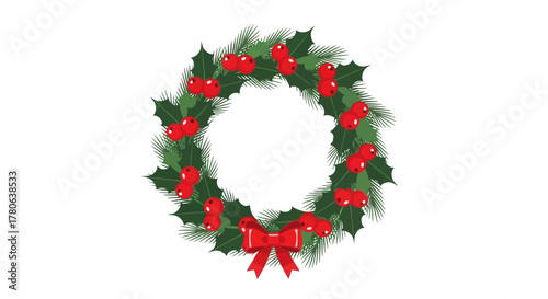 A festive wreath of green leaves red berries and a red bow