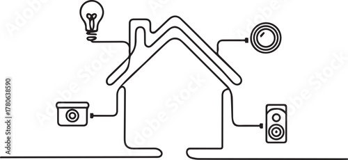 Conceptual line art drawing of a house outline connected to various smart home devices including a light bulb thermostat security camera and speaker representing home automation and technology